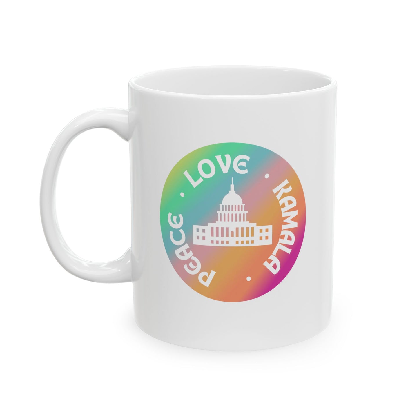 Rainbow Peace Love Kamala Ceramic Mug, (11oz)