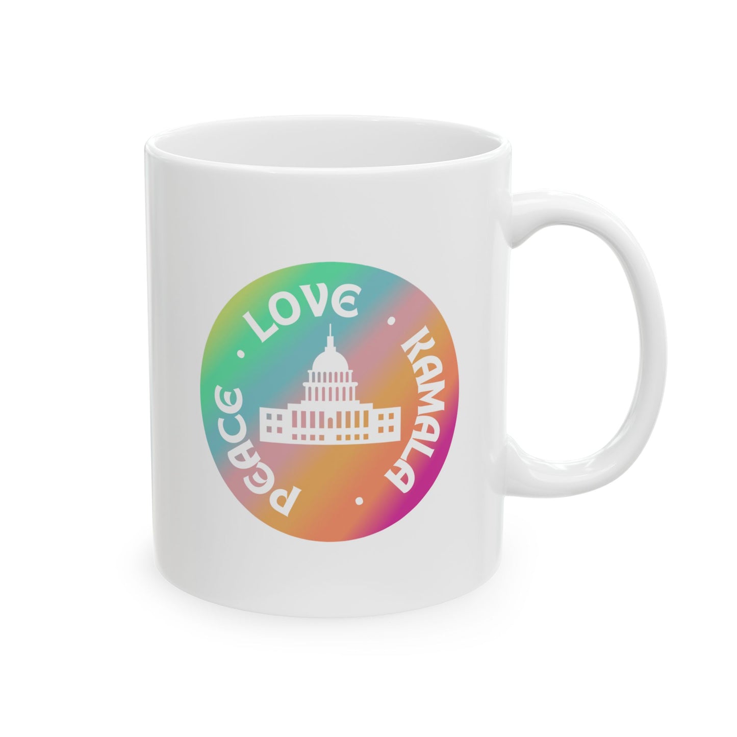 Rainbow Peace Love Kamala Ceramic Mug, (11oz)