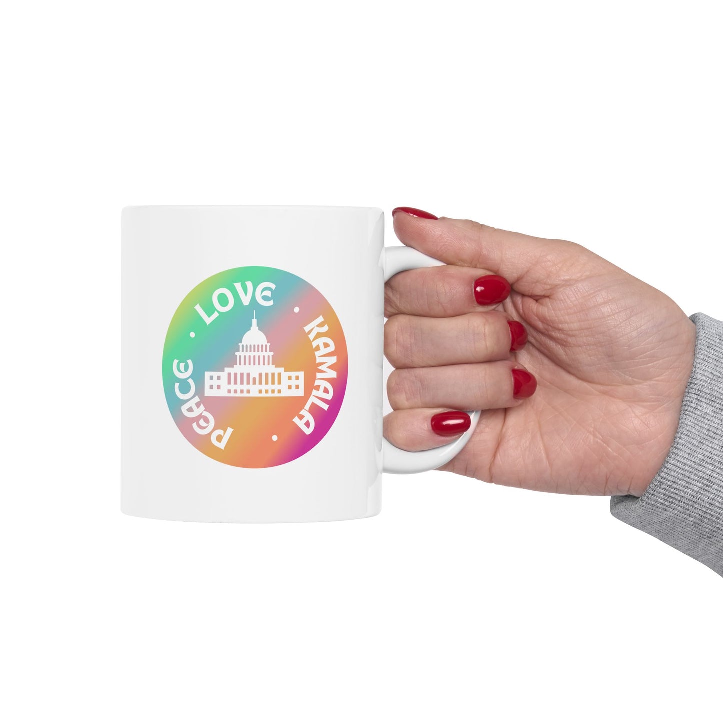 Rainbow Peace Love Kamala Ceramic Mug, (11oz)