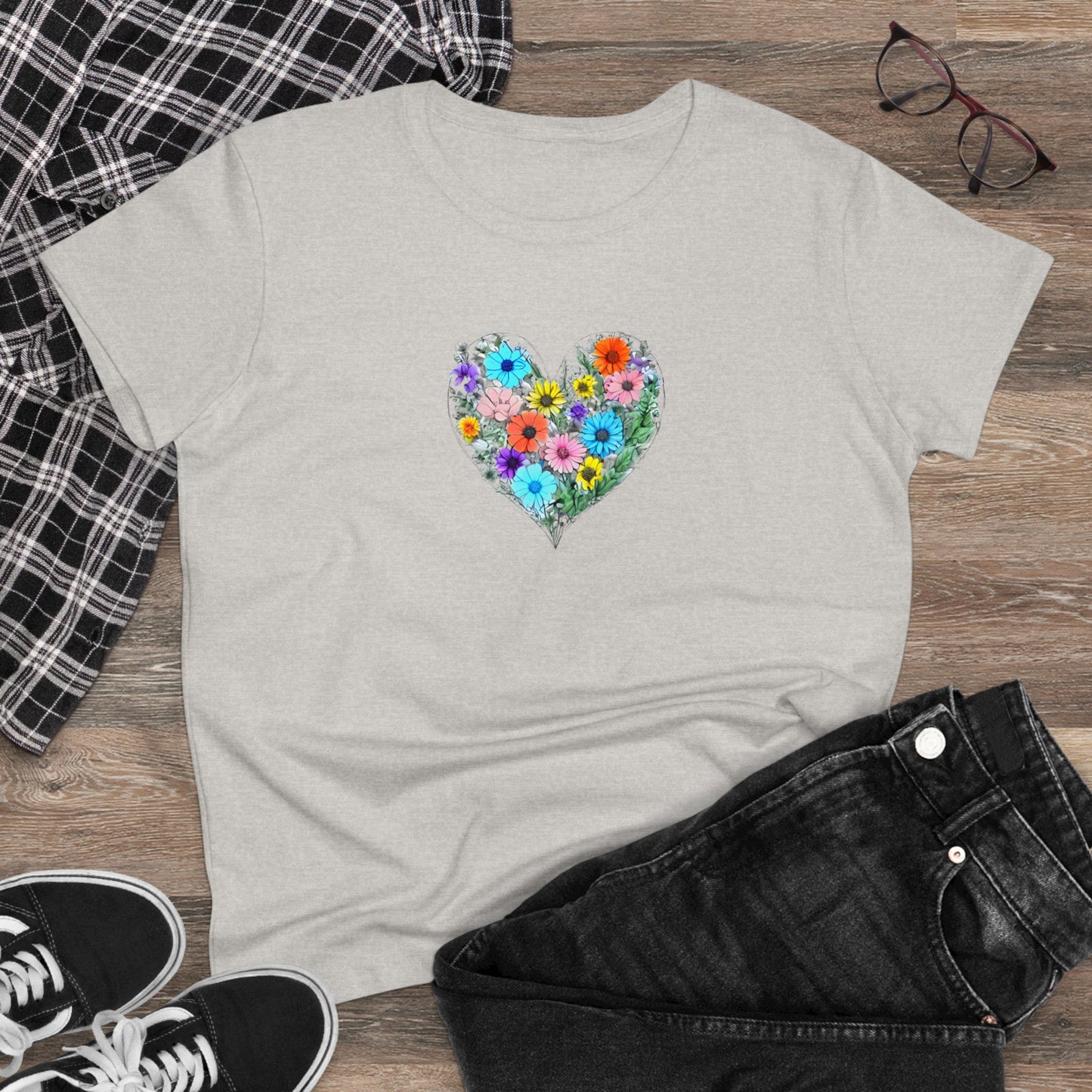 Floral Heart Women's Midweight Cotton Tee